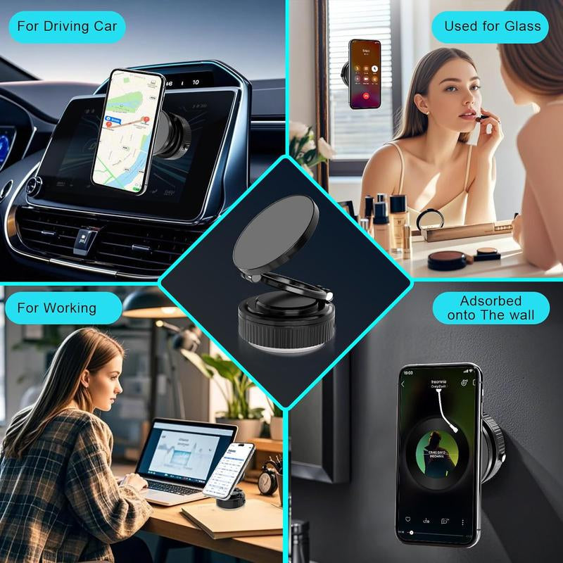 Strong Magnetic Car Phone Holder - Retractable Vacuum Suction Cup, Universal Adjustable Dashboard Phone Mount for Iphone, Samsung, All Smartphones - Secure, Hands-Free, Compact Design (Black)