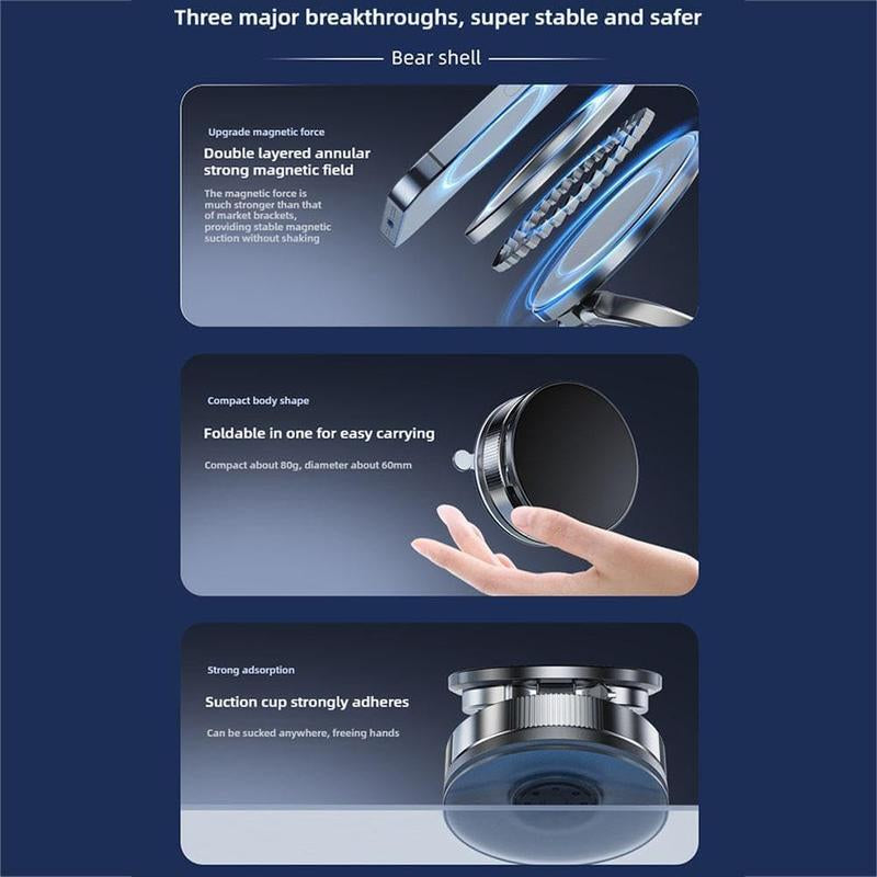 Strong Magnetic Car Phone Holder - Retractable Vacuum Suction Cup, Universal Adjustable Dashboard Phone Mount for Iphone, Samsung, All Smartphones - Secure, Hands-Free, Compact Design (Black)