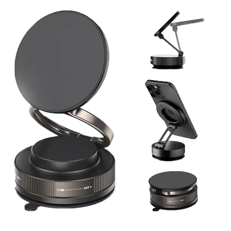 Strong Magnetic Car Phone Holder - Retractable Vacuum Suction Cup, Universal Adjustable Dashboard Phone Mount for Iphone, Samsung, All Smartphones - Secure, Hands-Free, Compact Design (Black)